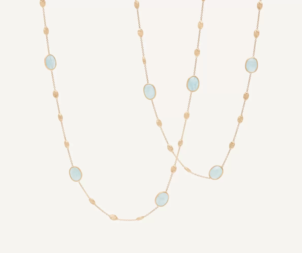 Sale Marco Bicego 18Kt Yellow Gold Long Necklace With Small Oval Elements, Aquamarines, And Diamonds