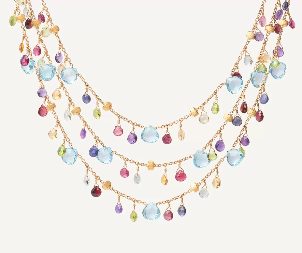 Cheap Marco Bicego Dreireihige Halskette Aus Gold Mit Bunten Edelsteinen Und Verstellbarer Kette