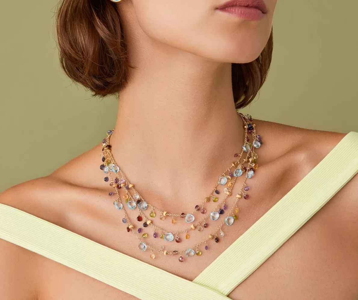 Cheap Marco Bicego Dreireihige Halskette Aus Gold Mit Bunten Edelsteinen Und Verstellbarer Kette